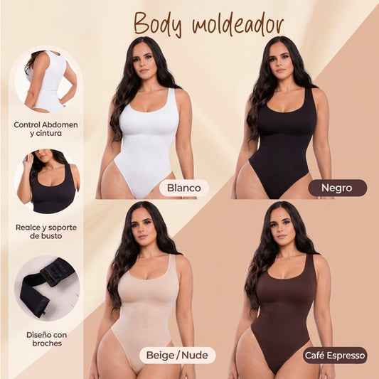 Body Moldeador: Tiras gruesas, escote cuadrado, control abdominal